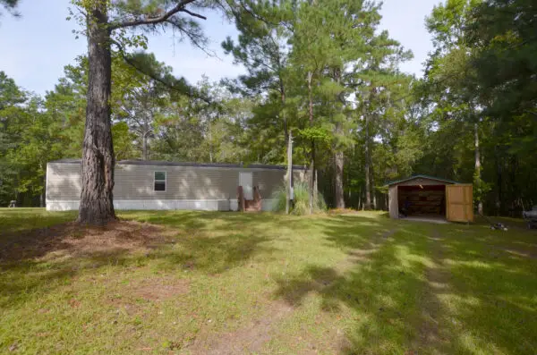 a house with a shed in the woods